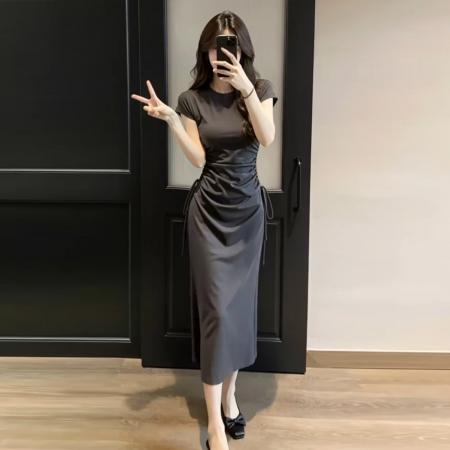 法式灰色连衣裙子女新款夏季独特漂亮巨好看气质绝美收腰长裙  服裝批發女裝批發服飾貨源