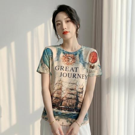 欧货夏装新款时尚定位航海风印花短袖T恤打底衫修身上衣女  服裝批發女裝批發服飾貨源