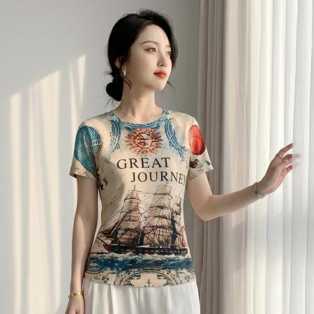 欧货夏装新款时尚定位航海风印花短袖T恤打底衫修身上衣女  服裝批發女裝批發服飾貨源
