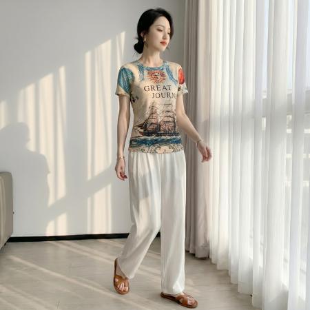 欧货夏装新款时尚定位航海风印花短袖T恤打底衫修身上衣女  服裝批發女裝批發服飾貨源