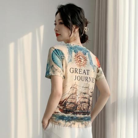 欧货夏装新款时尚定位航海风印花短袖T恤打底衫修身上衣女  服裝批發女裝批發服飾貨源