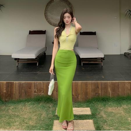 拼色假两件连衣裙柠香绿V领扭结蕾丝拼接连衣裙斜边露腰长裙  服裝批發女裝批發服飾貨源
