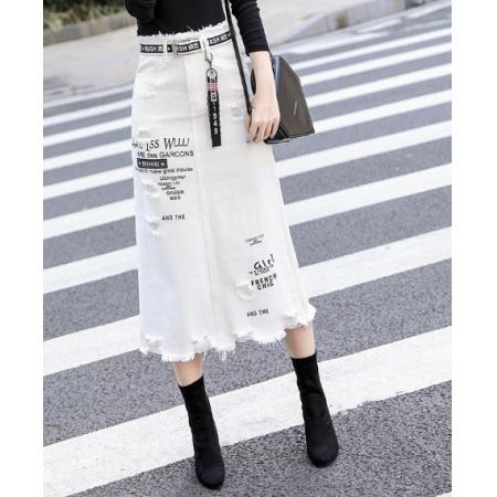 FA56894# 春秋新款半身裙破洞白色不规则牛仔裙女毛边包臀中长款一步