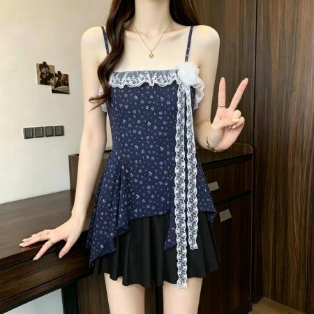 BY20566# 法式碎花吊带上衣女夏季新款海边度假蕾丝拼接不规则上衣 服裝批發女裝批發服飾貨源