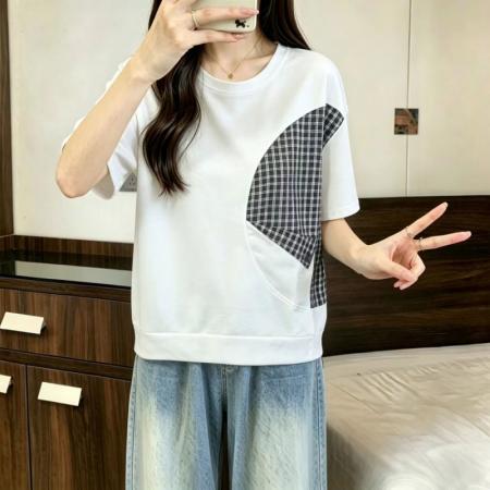 BY20568# 遮肚子格子拼接短袖t恤女夏季大码微胖设计感小众不规则显瘦上衣 服裝批發女裝批發服飾貨源