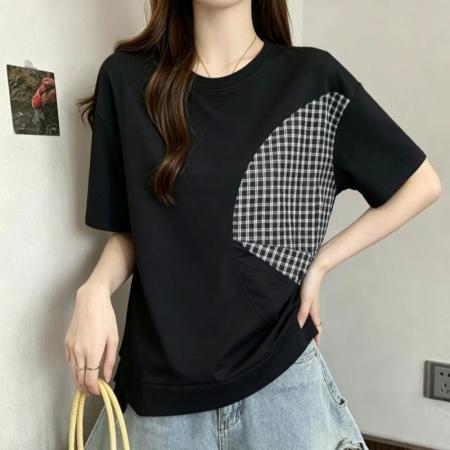 BY20568# 遮肚子格子拼接短袖t恤女夏季大码微胖设计感小众不规则显瘦上衣 服裝批發女裝批發服飾貨源