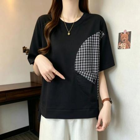BY20568# 遮肚子格子拼接短袖t恤女夏季大码微胖设计感小众不规则显瘦上衣 服裝批發女裝批發服飾貨源