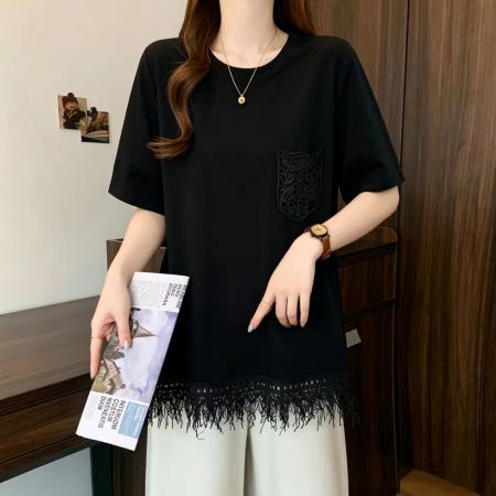BY20569# 蕾丝钩花口袋短袖T恤打底衫女夏大码胖mm显瘦设计感流苏上衣 服裝批發女裝批發服飾貨源