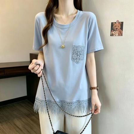 BY20569# 蕾丝钩花口袋短袖T恤打底衫女夏大码胖mm显瘦设计感流苏上衣 服裝批發女裝批發服飾貨源