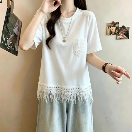 BY20569# 蕾丝钩花口袋短袖T恤打底衫女夏大码胖mm显瘦设计感流苏上衣 服裝批發女裝批發服飾貨源