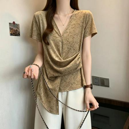 BY20570# V领正肩短袖T恤女新款夏季大码女装胖mm掐腰不规则巨显瘦上衣 服裝批發女裝批發服飾貨源