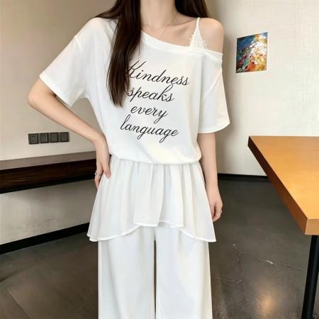 BY20575# 韩版小众设计露肩字母印花T恤女夏季新款宽松百搭休闲上衣 服裝批發女裝批發服飾貨源