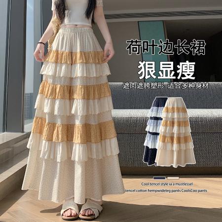 BY20577# 设计感拼接小碎花蕾丝花边蛋糕裙夏季重工复古高腰A字伞裙 服裝批發女裝批發服飾貨源