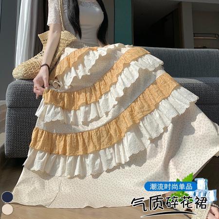 BY20577# 设计感拼接小碎花蕾丝花边蛋糕裙夏季重工复古高腰A字伞裙 服裝批發女裝批發服飾貨源