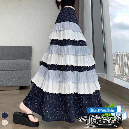 BY20577# 设计感拼接小碎花蕾丝花边蛋糕裙夏季重工复古高腰A字伞裙 服裝批發女裝批發服飾貨源