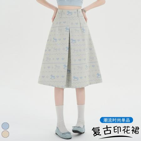 BY20579# 韩版复古小马印花百褶A字中裙设计感夏季高腰减龄五分半身裙 服裝批發女裝批發服飾貨源