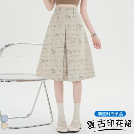 BY20579# 韩版复古小马印花百褶A字中裙设计感夏季高腰减龄五分半身裙 服裝批發女裝批發服飾貨源