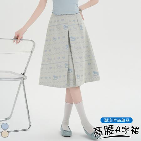 BY20579# 韩版复古小马印花百褶A字中裙设计感夏季高腰减龄五分半身裙 服裝批發女裝批發服飾貨源
