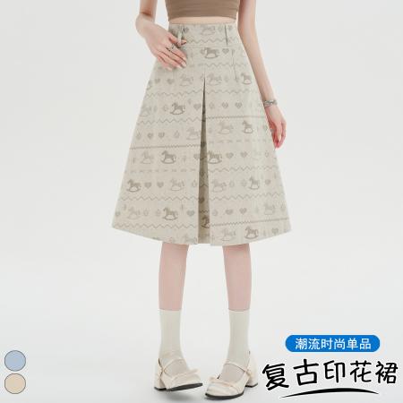 BY20579# 韩版复古小马印花百褶A字中裙设计感夏季高腰减龄五分半身裙 服裝批發女裝批發服飾貨源
