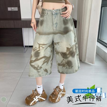 BY20580# 复古扎染水洗七分牛仔裤设计感美式高腰宽松阔腿休闲裤 服裝批發女裝批發服飾貨源