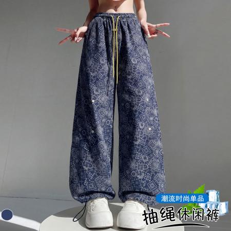 BY20582# 韩版夏季复古高腰宽松束脚两穿休闲印花工装裤薄款速干运动裤 服裝批發女裝批發服飾貨源