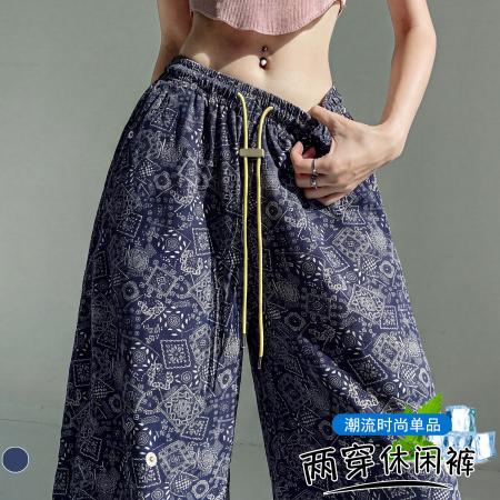 BY20582# 韩版夏季复古高腰宽松束脚两穿休闲印花工装裤薄款速干运动裤 服裝批發女裝批發服飾貨源