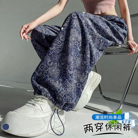 BY20582# 韩版夏季复古高腰宽松束脚两穿休闲印花工装裤薄款速干运动裤 服裝批發女裝批發服飾貨源