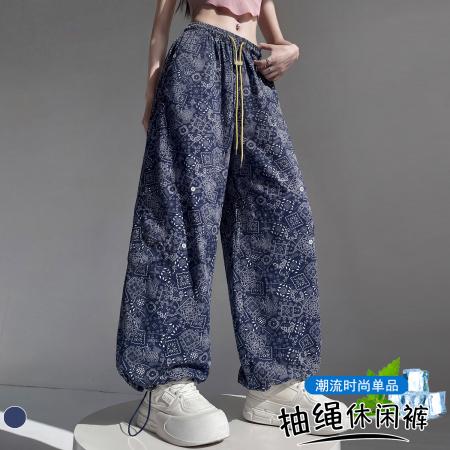 BY20582# 韩版夏季复古高腰宽松束脚两穿休闲印花工装裤薄款速干运动裤 服裝批發女裝批發服飾貨源
