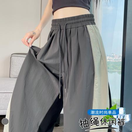 BY20584# 夏季新款时尚撞色拼接松紧腰弯刀阔腿裤速干薄款休闲运动裤 服裝批發女裝批發服飾貨源
