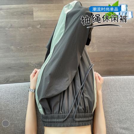 BY20584# 夏季新款时尚撞色拼接松紧腰弯刀阔腿裤速干薄款休闲运动裤 服裝批發女裝批發服飾貨源