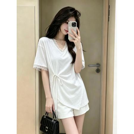 BY20587# 蕾丝短袖T恤大码V领绑带收腰开叉设计款上衣女夏雪花棉蕾丝短袖 服裝批發女裝批發服飾貨源