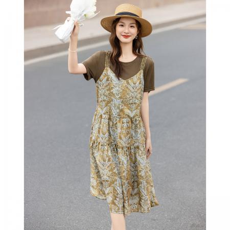 BY20588# 可爱小蛋糕夏季假两件拼接织带装饰宽松显瘦藏肉连衣裙女高级 服裝批發女裝批發服飾貨源
