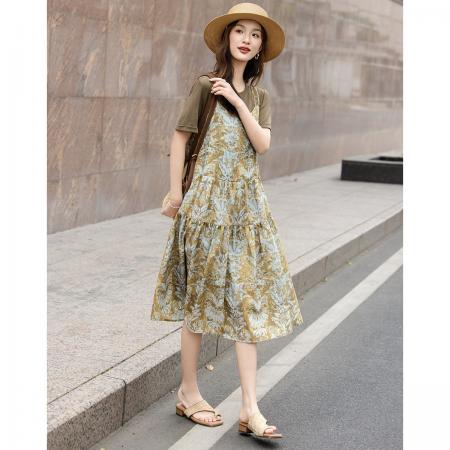BY20588# 可爱小蛋糕夏季假两件拼接织带装饰宽松显瘦藏肉连衣裙女高级 服裝批發女裝批發服飾貨源