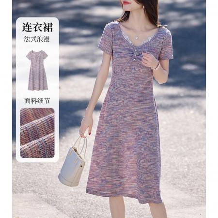 BY20590# 法式浪漫撞色蕾丝拼接针织裙夏新修身V领优雅时尚短袖连衣裙 服裝批發女裝批發服飾貨源