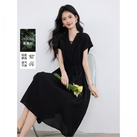 BY20591# 莱赛尔温柔飘逸气质小黑裙26年夏季新系带V领短袖连衣裙 服裝批發女裝批發服飾貨源