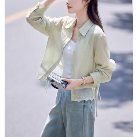 BY20593# 轻薄系带衬衫女外套夏季新款拼接蕾丝下摆气质休闲开衫衬衣女 服裝批發女裝批發服飾貨源