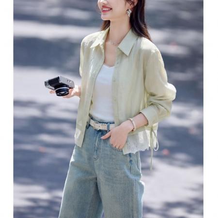BY20593# 轻薄系带衬衫女外套夏季新款拼接蕾丝下摆气质休闲开衫衬衣女 服裝批發女裝批發服飾貨源