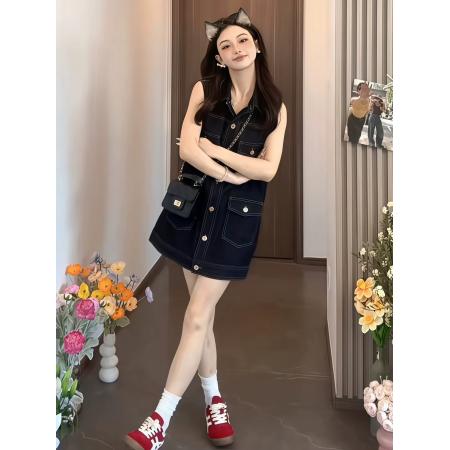 BY20596# 美式复古polo领单排扣无袖牛仔连衣裙小个子洋气甜酷减龄背心短裙 服裝批發女裝批發服飾貨源