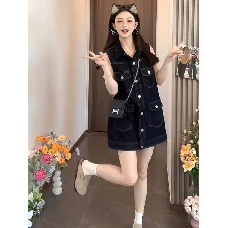 BY20596# 美式复古polo领单排扣无袖牛仔连衣裙小个子洋气甜酷减龄背心短裙 服裝批發女裝批發服飾貨源