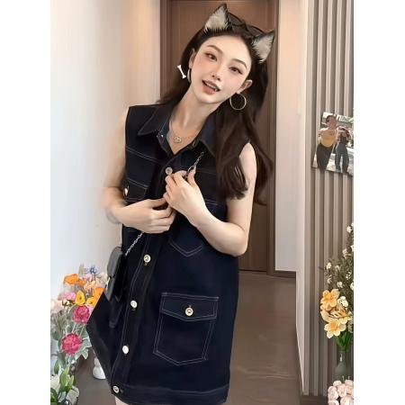 BY20596# 美式复古polo领单排扣无袖牛仔连衣裙小个子洋气甜酷减龄背心短裙 服裝批發女裝批發服飾貨源