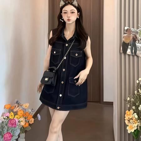 BY20596# 美式复古polo领单排扣无袖牛仔连衣裙小个子洋气甜酷减龄背心短裙 服裝批發女裝批發服飾貨源