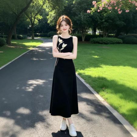 新中式国风黑色无袖连衣裙女夏季新款显瘦花朵长裙气质裙子 服裝批發女裝批發服飾貨源