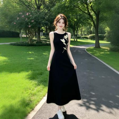 BY20599# 新中式国风黑色无袖连衣裙女夏季新款显瘦花朵长裙气质裙子 服裝批發女裝批發服飾貨源