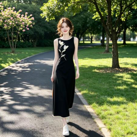 BY20599# 新中式国风黑色无袖连衣裙女夏季新款显瘦花朵长裙气质裙子 服裝批發女裝批發服飾貨源