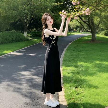 BY20599# 新中式国风黑色无袖连衣裙女夏季新款显瘦花朵长裙气质裙子 服裝批發女裝批發服飾貨源