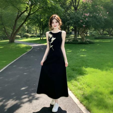 BY20599# 新中式国风黑色无袖连衣裙女夏季新款显瘦花朵长裙气质裙子 服裝批發女裝批發服飾貨源