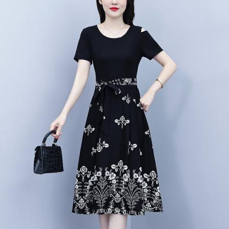 气质收腰黑色短袖拼接遮肚显瘦减龄印花连衣裙女夏 服裝批發女裝批發服飾貨源