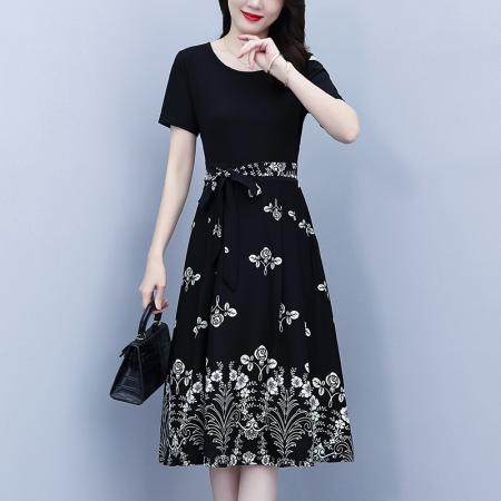 BY20611# 气质收腰黑色短袖拼接遮肚显瘦减龄印花连衣裙女夏 服裝批發女裝批發服飾貨源