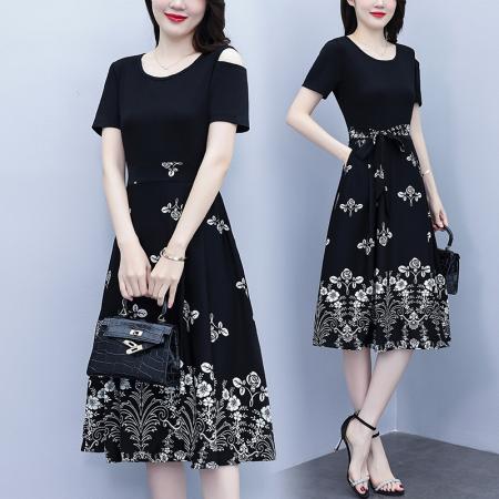 BY20611# 气质收腰黑色短袖拼接遮肚显瘦减龄印花连衣裙女夏 服裝批發女裝批發服飾貨源