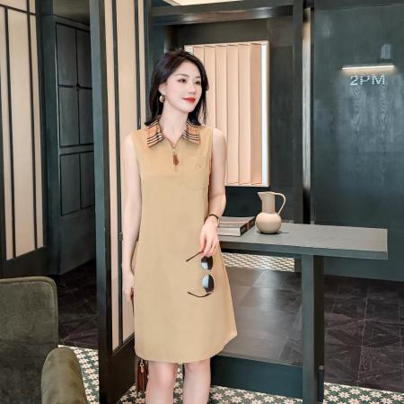 BY20619# 夏季新款裙子时尚休闲百搭条纹衬衫翻领中长款洋气女士无袖连衣裙 服裝批發女裝批發服飾貨源
